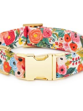Rifle Paper Co. Floral Green and Yellow Dog Collar with Brass D-Ring size Large
